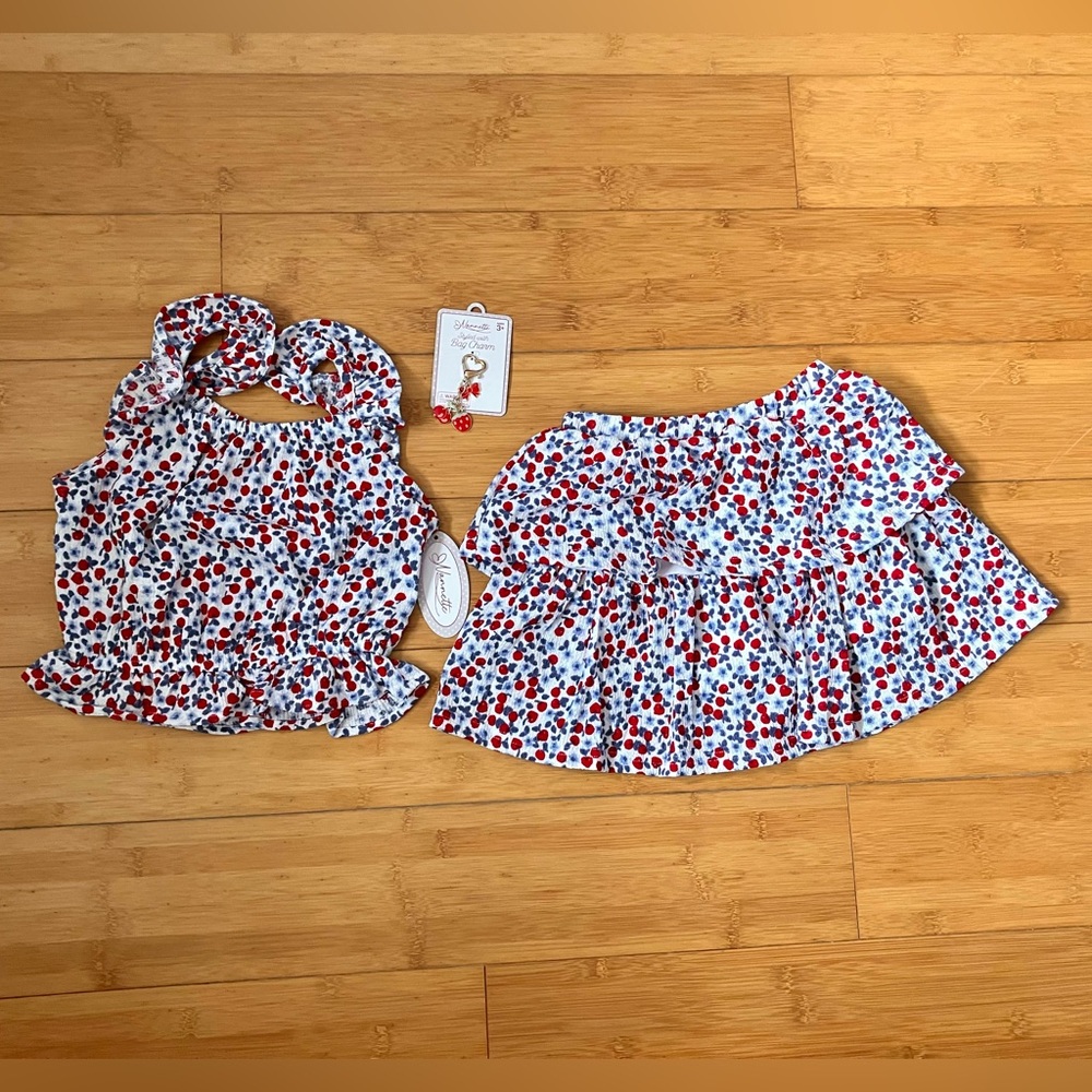 NWT Girls Size 6X Patriotic Red, White & Blue Floral Outfit - Top & Skorts Set